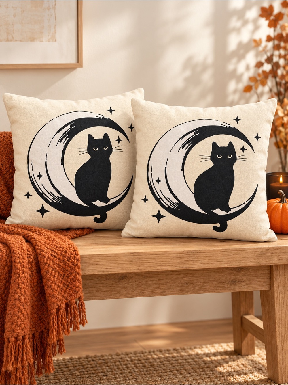 Halloween Target Decor 2023 Black Cat & Crescent Moon Accent Pillows - Set of 2